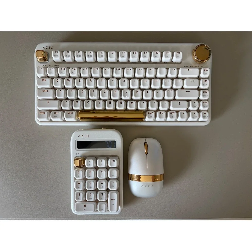 Azio IZO Wireless Mechanical Keyboard Mouse and Calculator Numpad Set White Gold